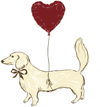 A little dog with a red heart balloon